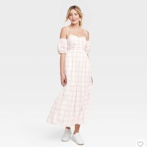 Puff Short Sleeve A-Line Dress from Universal Thread in Cream Plaid XL
